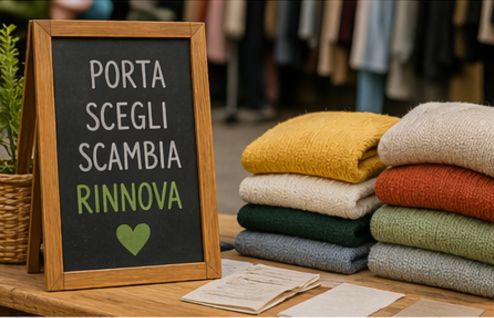 Cartello porta scegli scambia rinnova con vestiti piegati